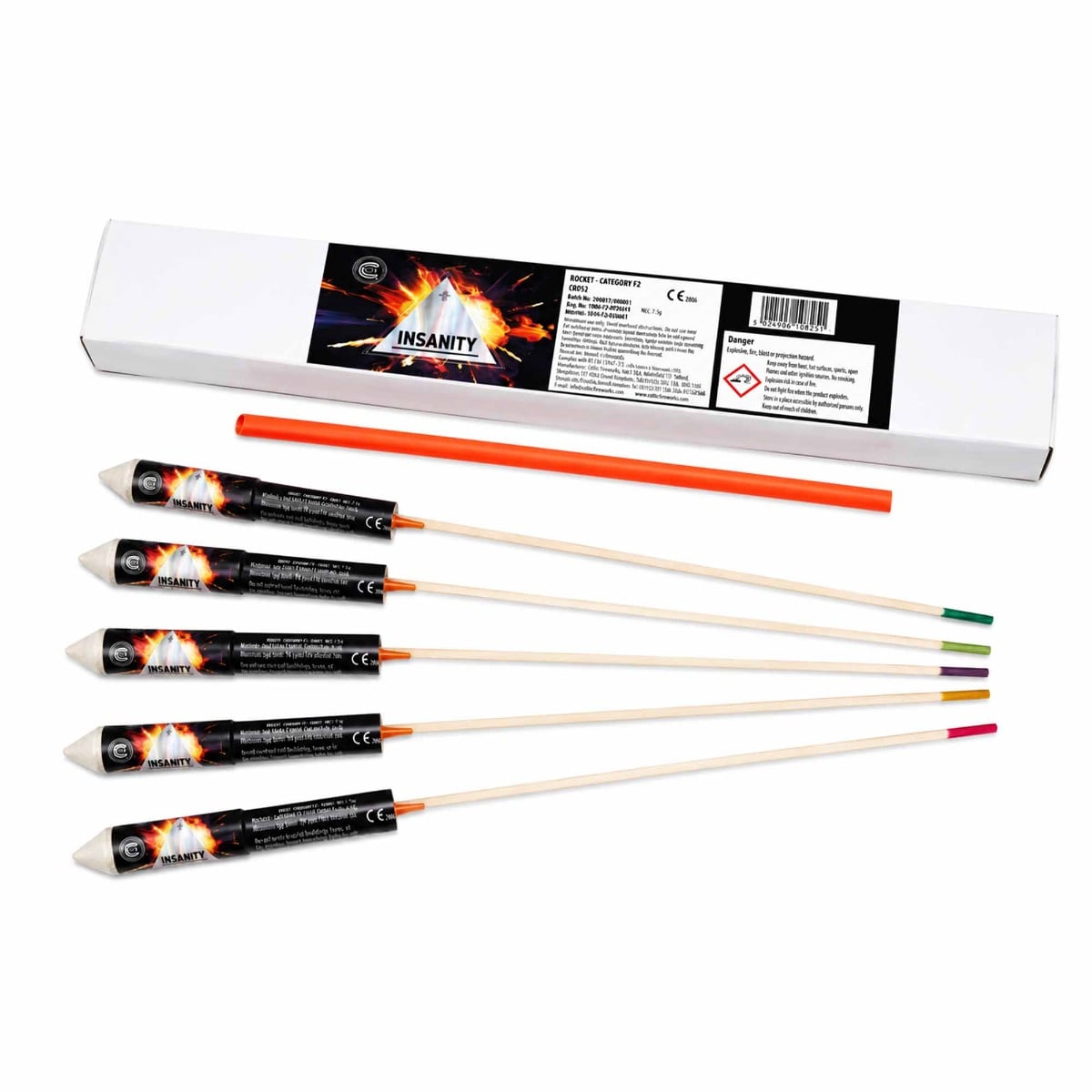 Insanity Rockets by Celtic Fireworks featuring six mixed effect F2 rockets with strobe and brocade crown effects