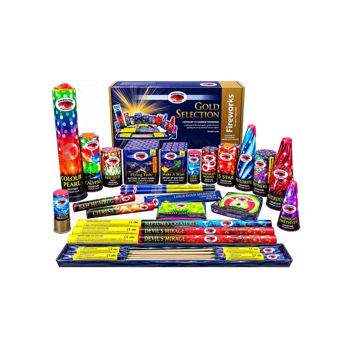 Gold Selection Box by Kimbolton Fireworks | New for 2026 | 27 Fireworks + 15 Sparklers + 5 Portfires