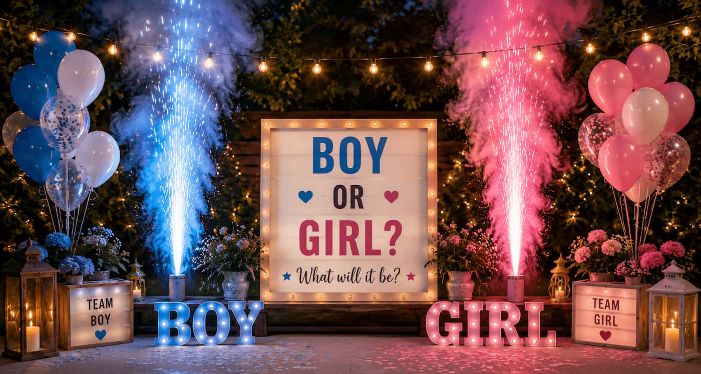Pink and blue gender reveal fireworks with smoke flares at an outdoor evening party